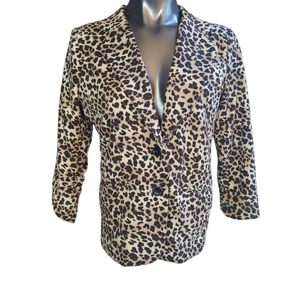 Maxim Studio Leopard Print Blazer Lined Ruched Sleeves Faux Pockets Size Large - Picture 1 of 4